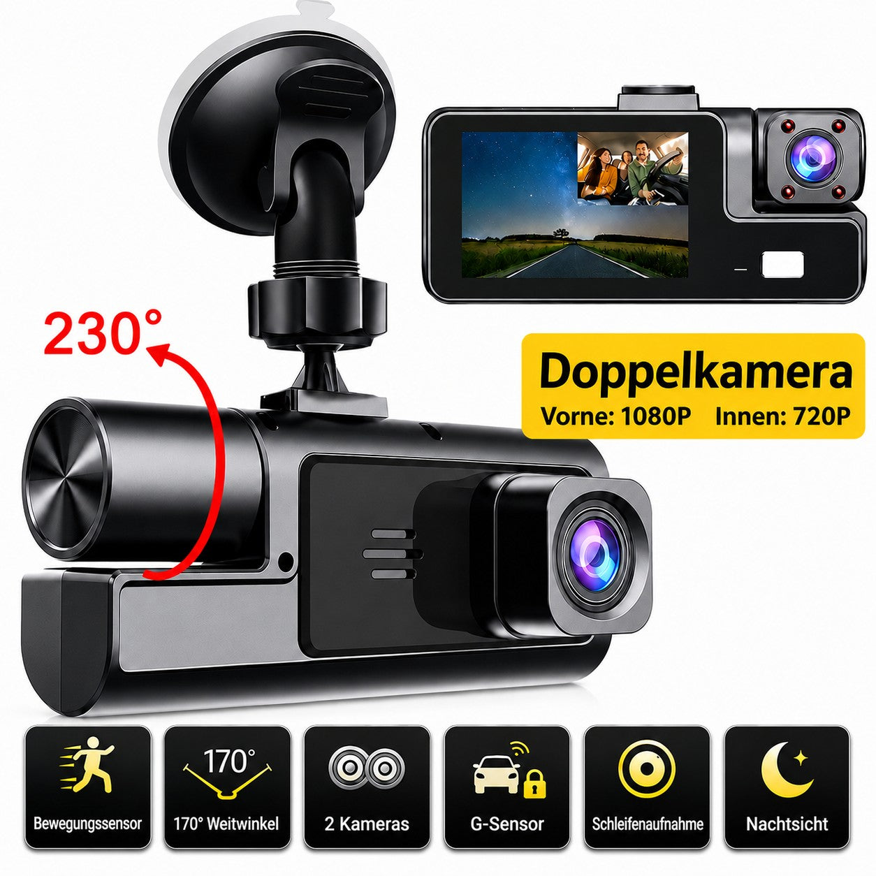 HD Dashcam mit Doppelobjektiv – 1080P Frontkamera & 720P Innenkamera